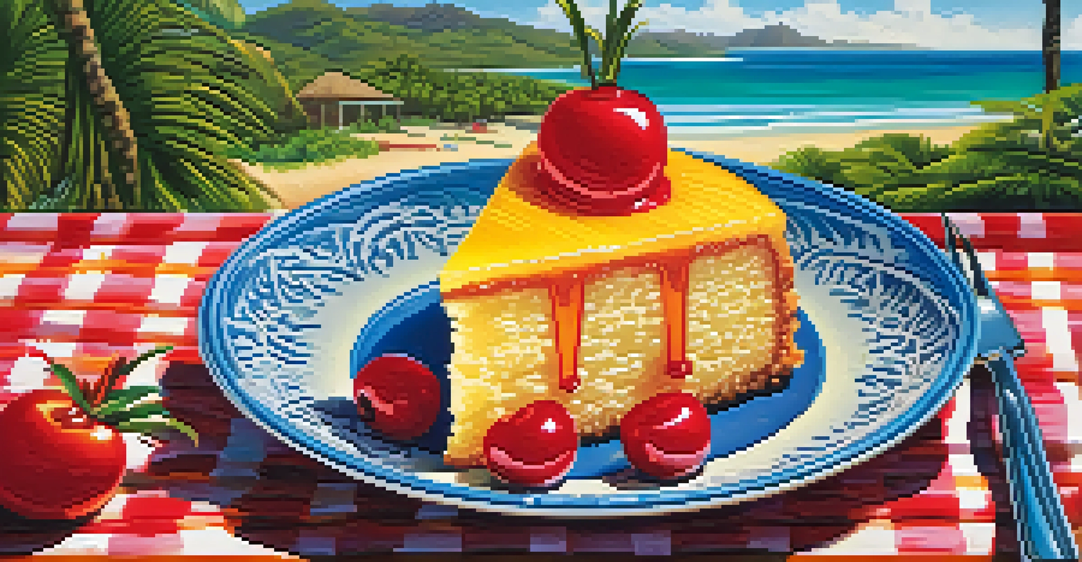 A slice of pineapple upside-down cake with caramelized pineapple and cherries served on a colorful plate against a beach backdrop.