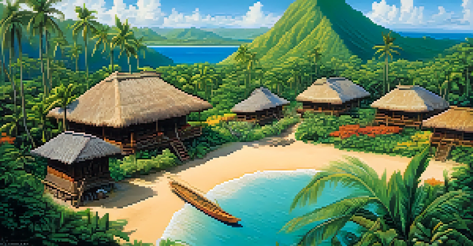 Aerial view of a traditional Hawaiian village with thatched-roof huts and tropical plants, representing Polynesian culture.