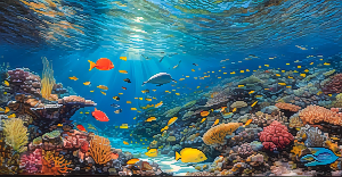 A beautiful underwater scene of a coral reef in Hawaii, filled with colorful fish and illuminated by sunlight.