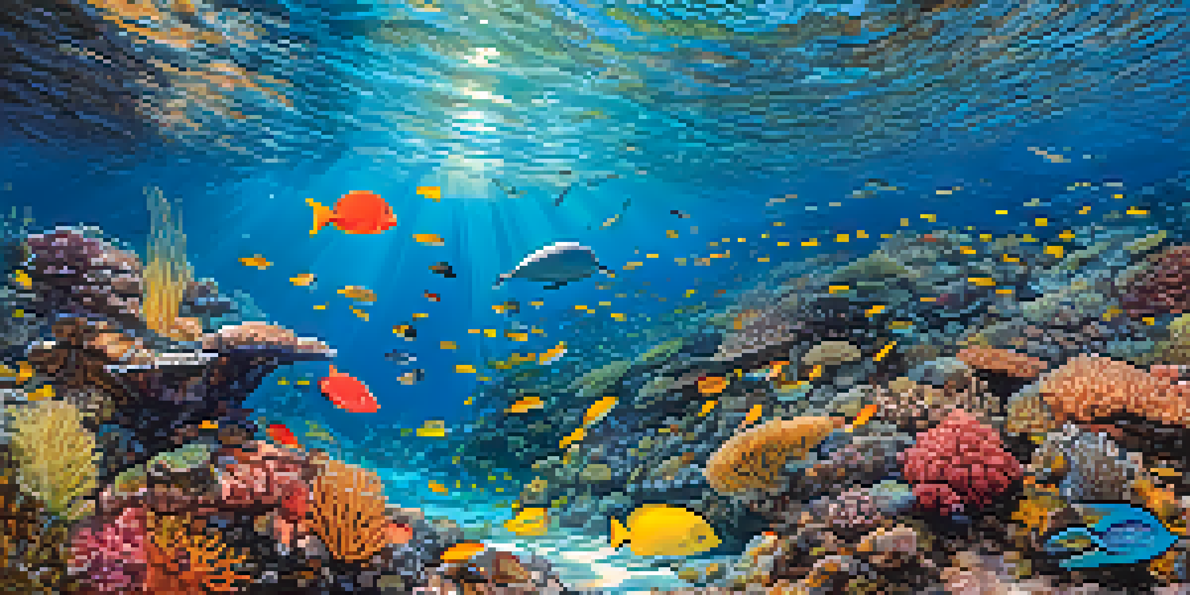 A beautiful underwater scene of a coral reef in Hawaii, filled with colorful fish and illuminated by sunlight.