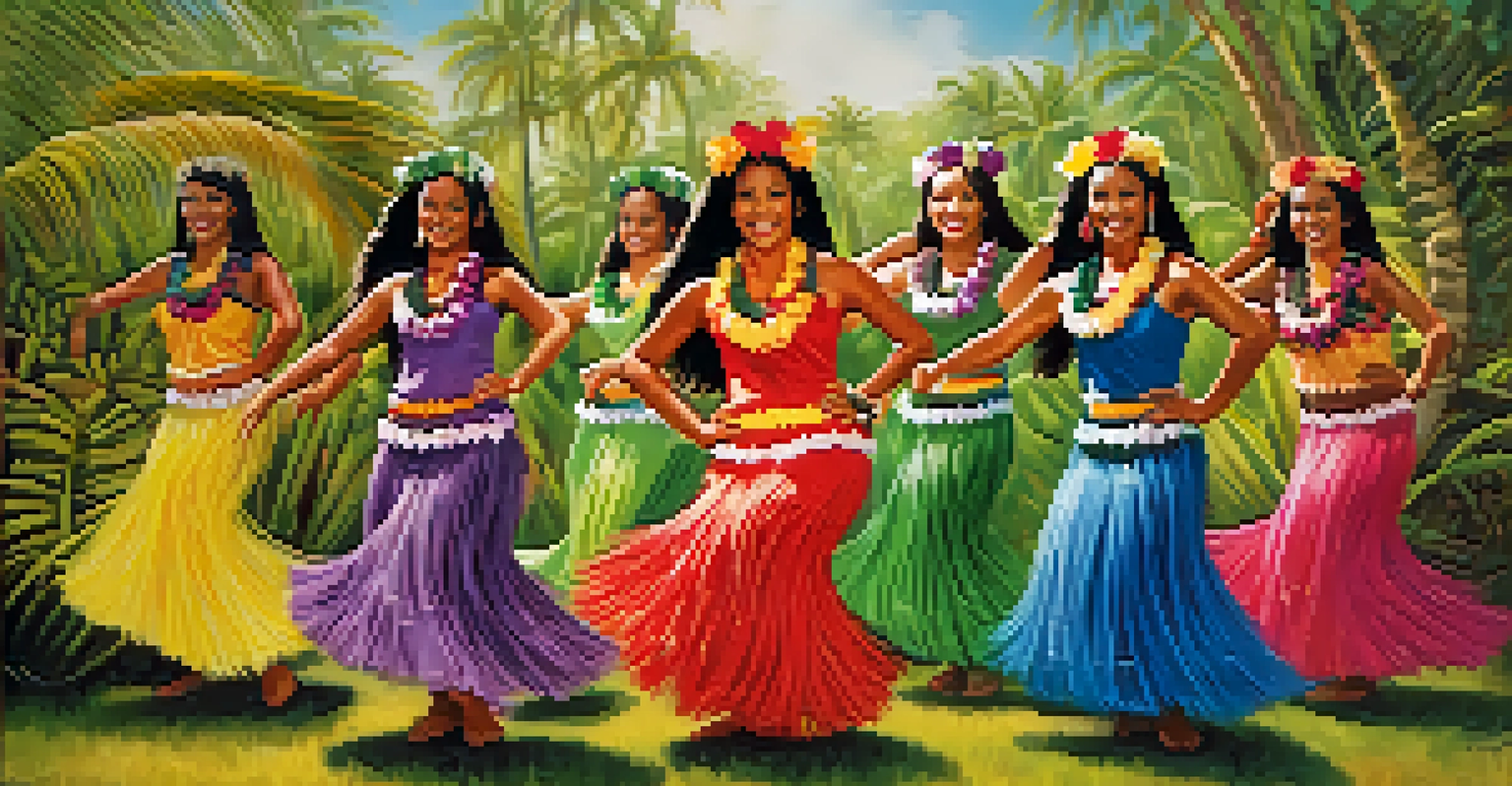 A traditional Hawaiian hula dance performance with dancers in colorful attire against a tropical backdrop.