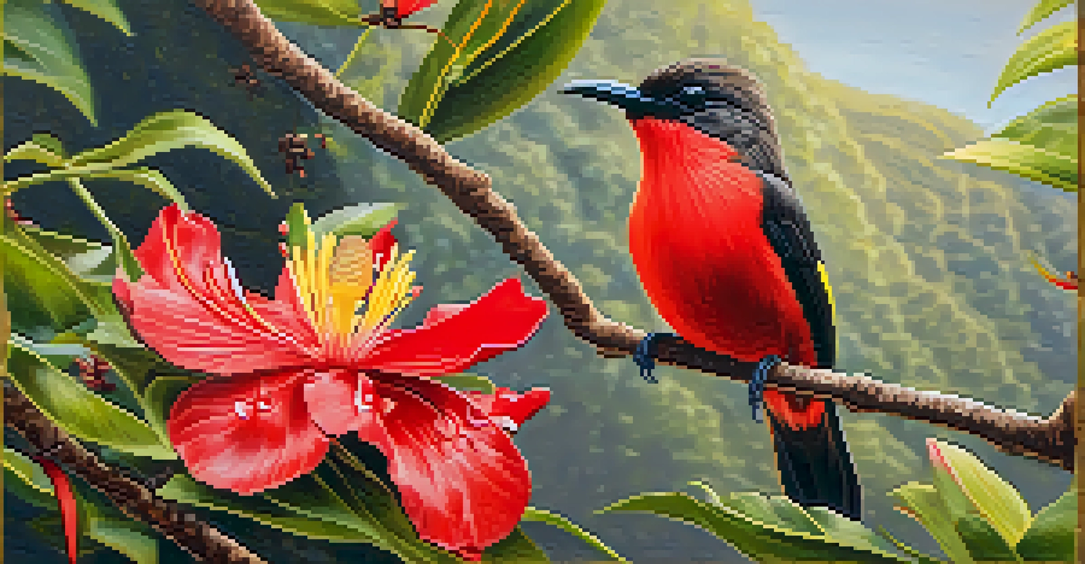Close-up of an ʻōhiʻa lehua tree with red flowers and a Hawaiian honeycreeper bird perched on it.