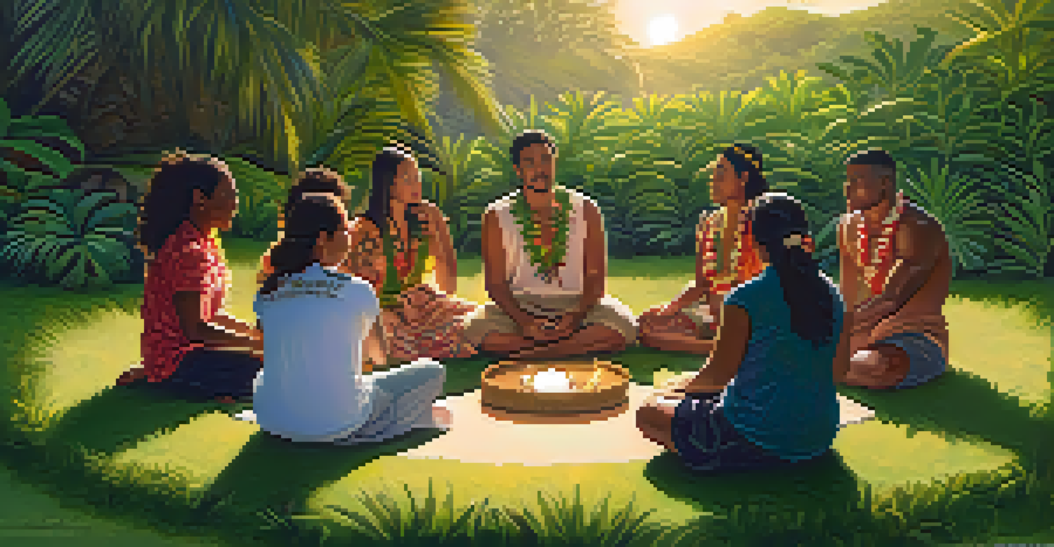 A group of individuals in a circle participating in a ho'oponopono session, surrounded by traditional Hawaiian symbols.