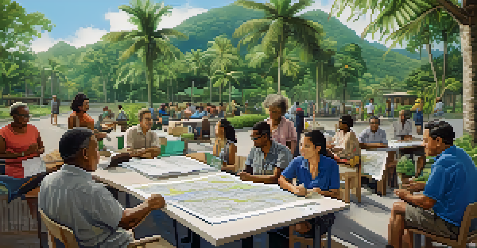 Community members participating in an outdoor workshop about roadway development, with maps and blueprints on tables surrounded by greenery.