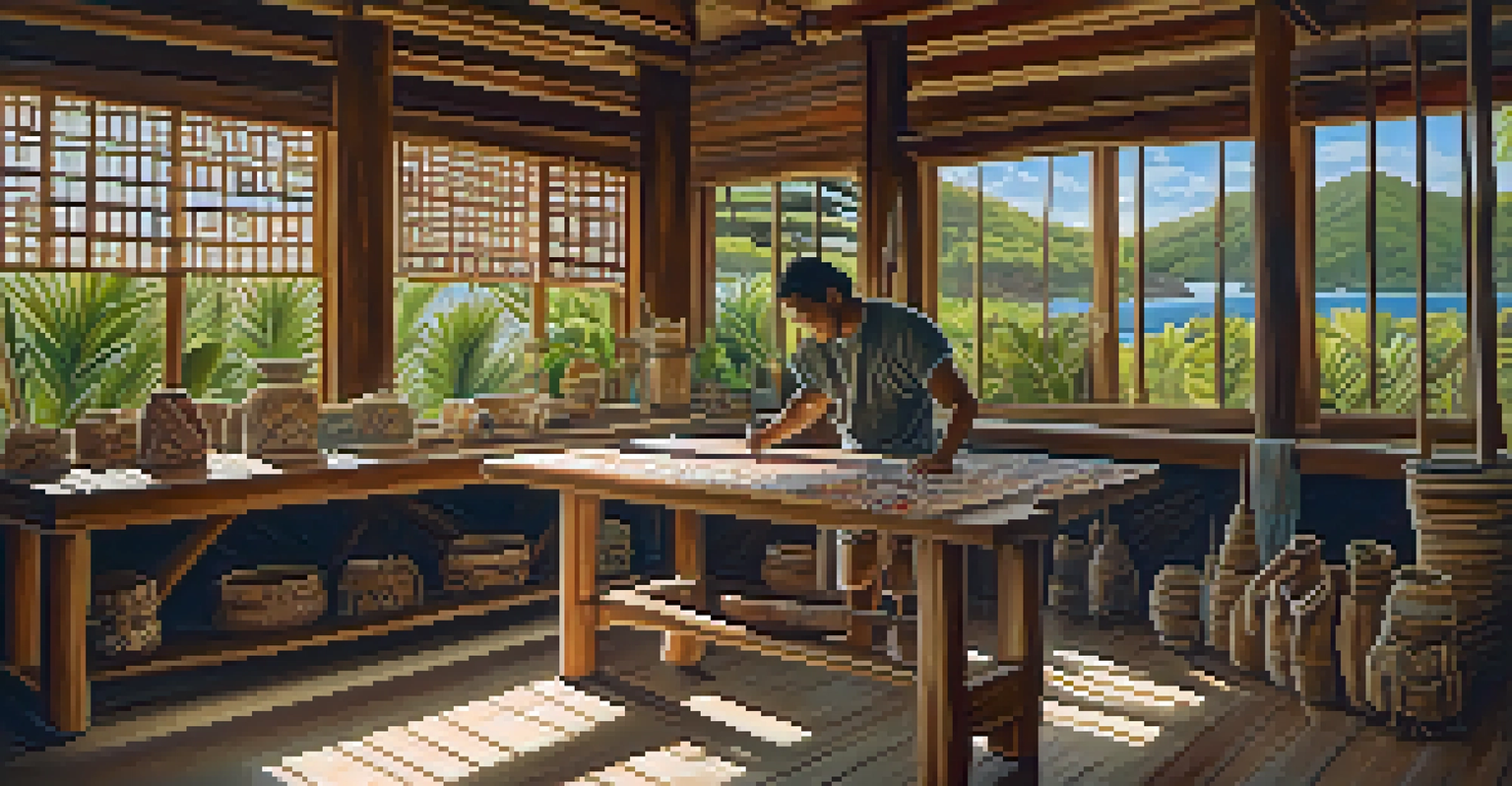 An artisan crafting kapa in a workshop with tools and traditional Hawaiian art on the walls.