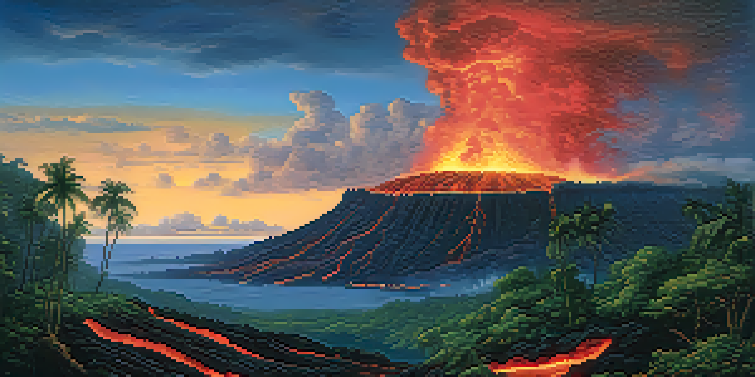 A panoramic view of Kilauea volcano erupting, with lava flows and a twilight sky.