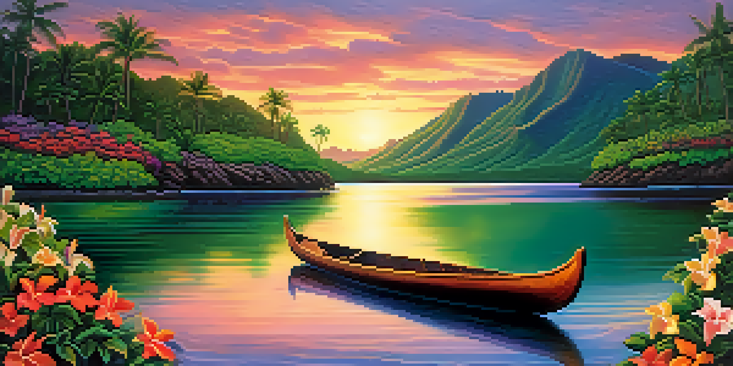 A picturesque Hawaiian landscape with mountains, sunset sky, a canoe on the water, and tropical flowers in the foreground.