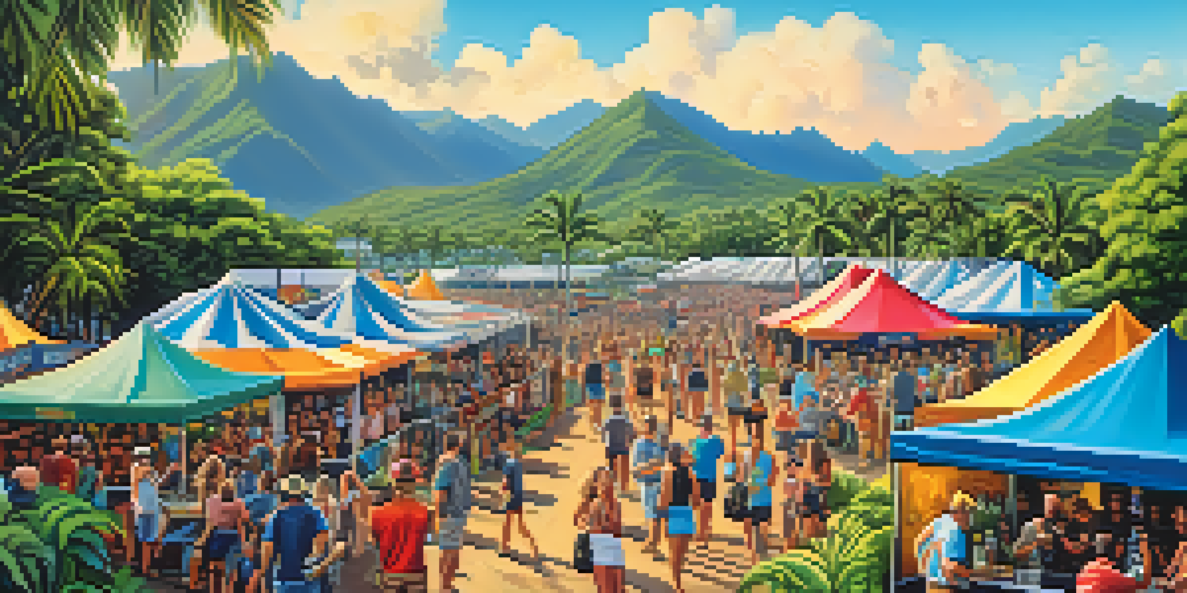 A lively Hawaiian craft beer festival with colorful tents, local breweries, and attendees enjoying drinks in a tropical setting.