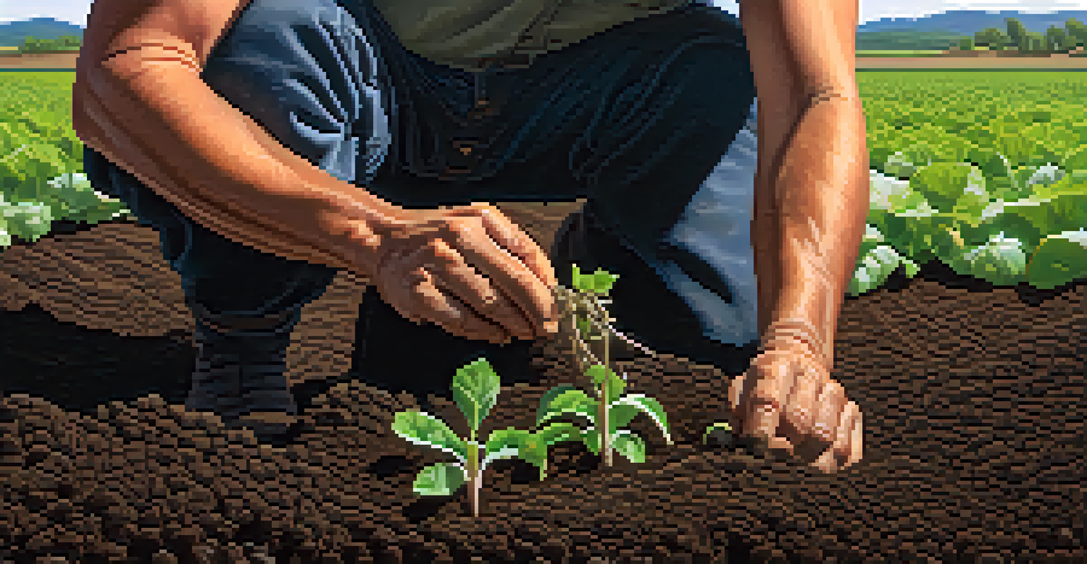 Close-up of a farmer's hands planting seeds in dark volcanic soil with green seedlings sprouting around, illuminated by soft morning light.