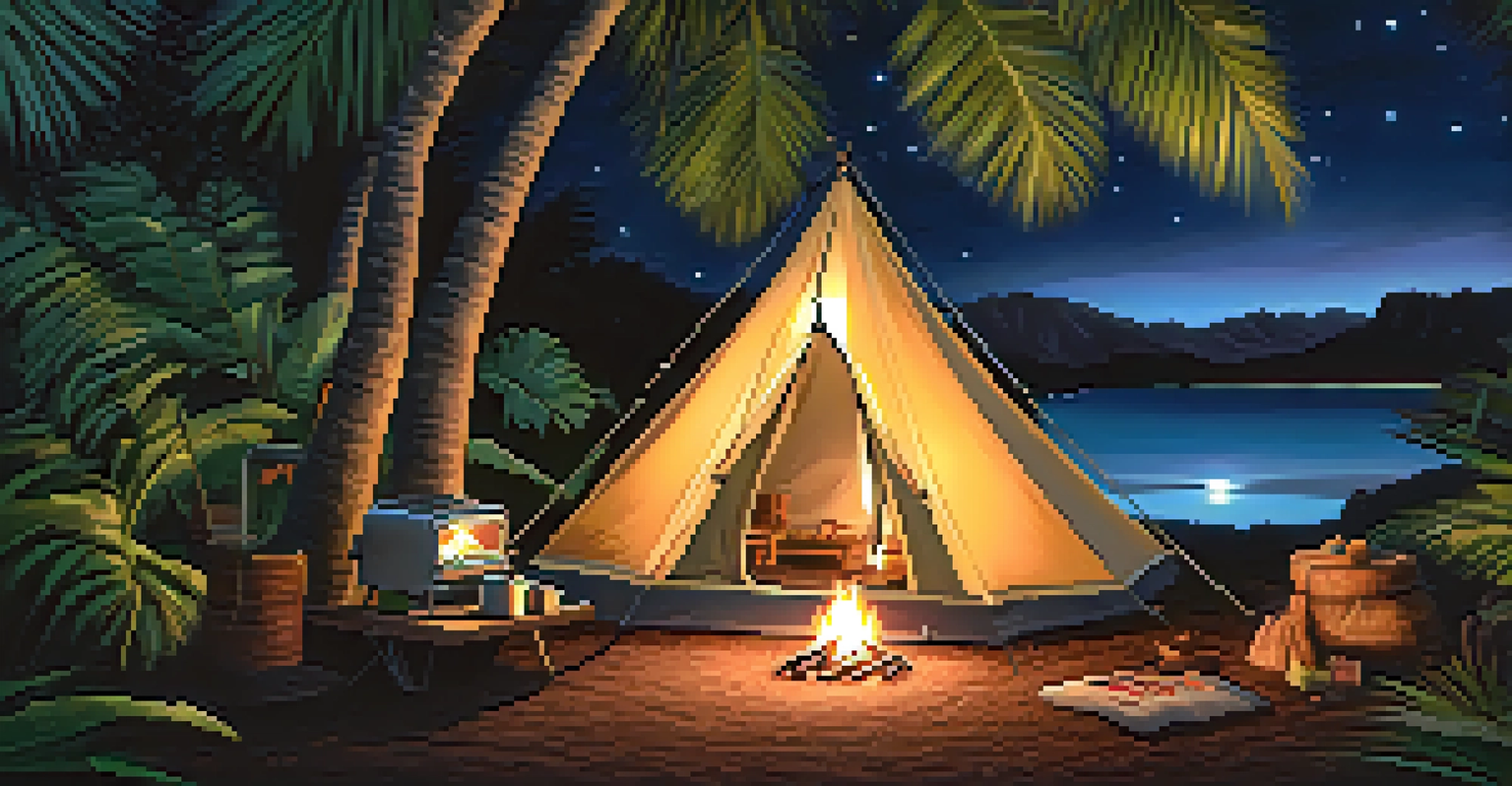 A camping scene showing a tent under a starry sky in Hawaii, with a campfire and portable stove nearby, surrounded by tropical trees.