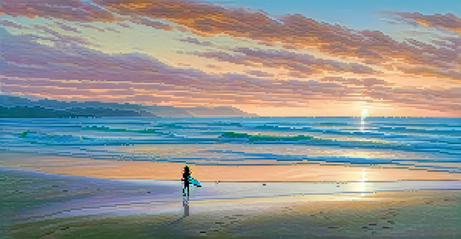 A tranquil beach scene at sunrise in Hawaii, with footprints in the sand and a silhouette of a surfer in the distance.
