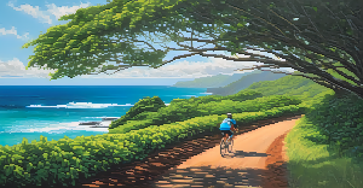 A cyclist riding along the Kapa'a Bike Path in Kauai, with lush greenery on one side and the turquoise ocean on the other under a bright sun.