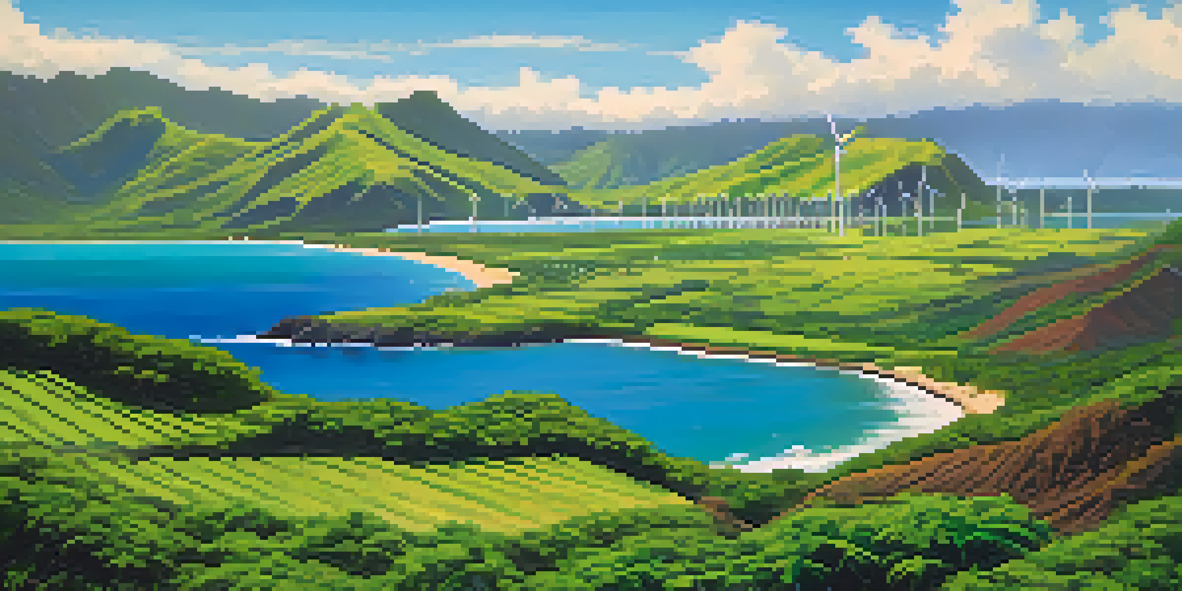 A colorful Hawaiian landscape with green hills, blue ocean, and solar panels in the foreground along with wind turbines in the distance.