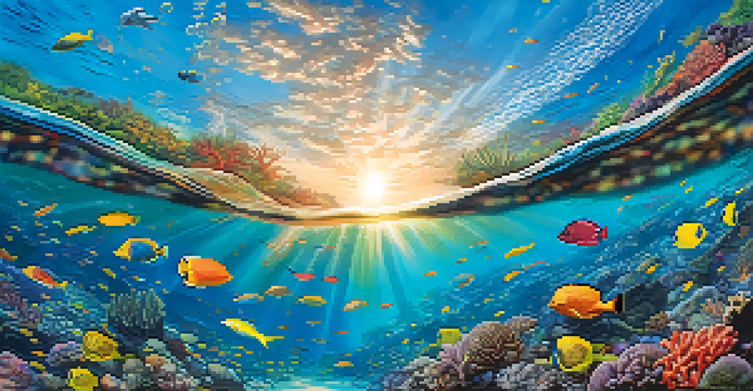 A vibrant underwater scene of a coral reef with tropical fish and a sea turtle.