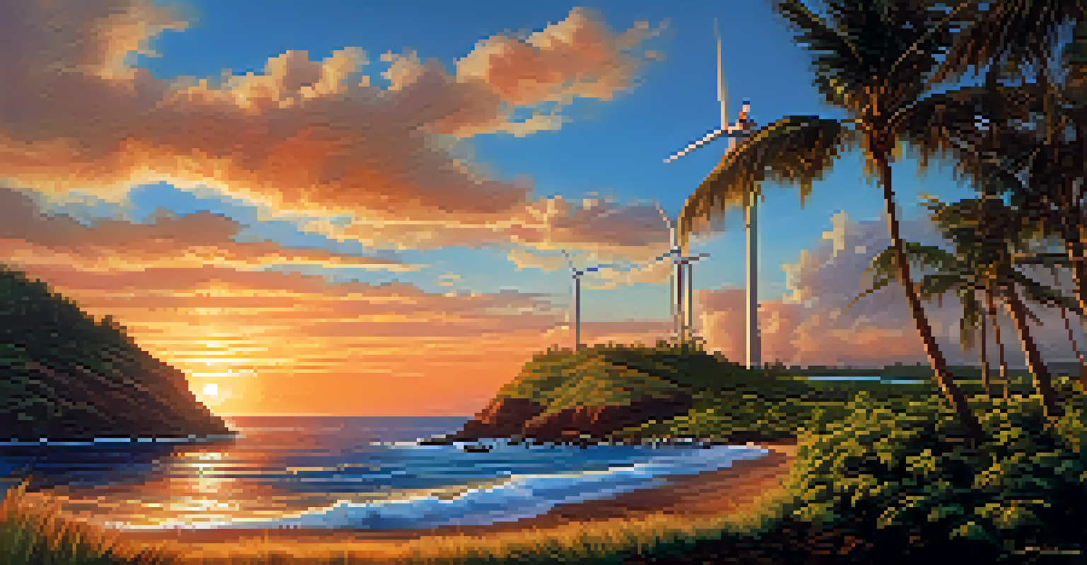 A close-up of a wind turbine at sunset, with palm trees in the foreground and the ocean in the background.
