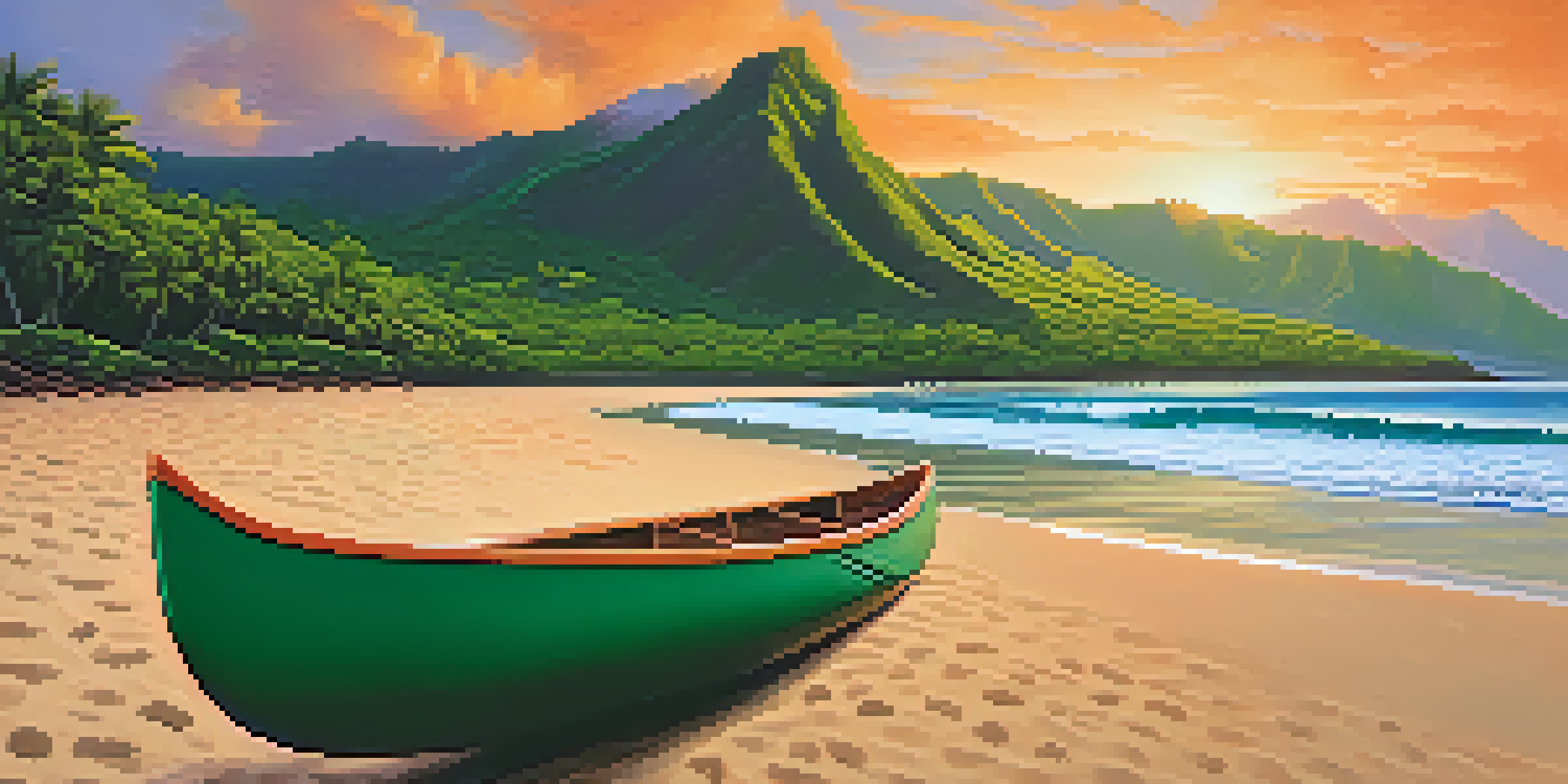 A peaceful Hawaiian sunset over green mountains and a sandy beach with a traditional canoe.