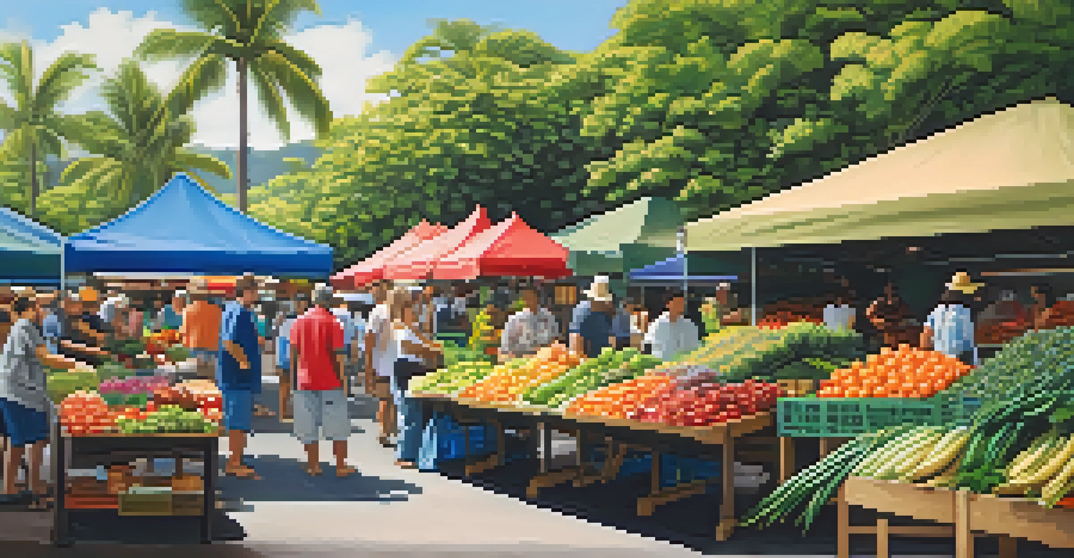 A lively farmers' market in Hawaii with local farmers selling colorful produce and engaging with visitors.