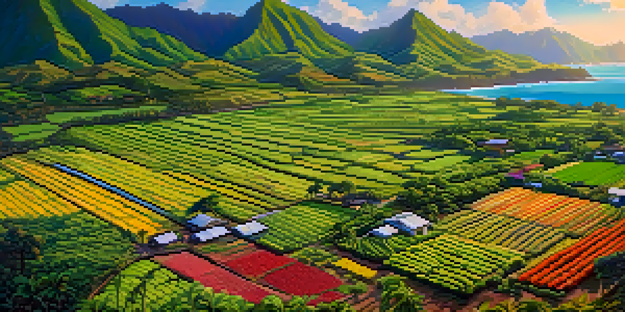 Aerial view of a colorful and lush Hawaiian organic farm with taro and exotic fruits, surrounded by ocean and mountains under a clear blue sky.