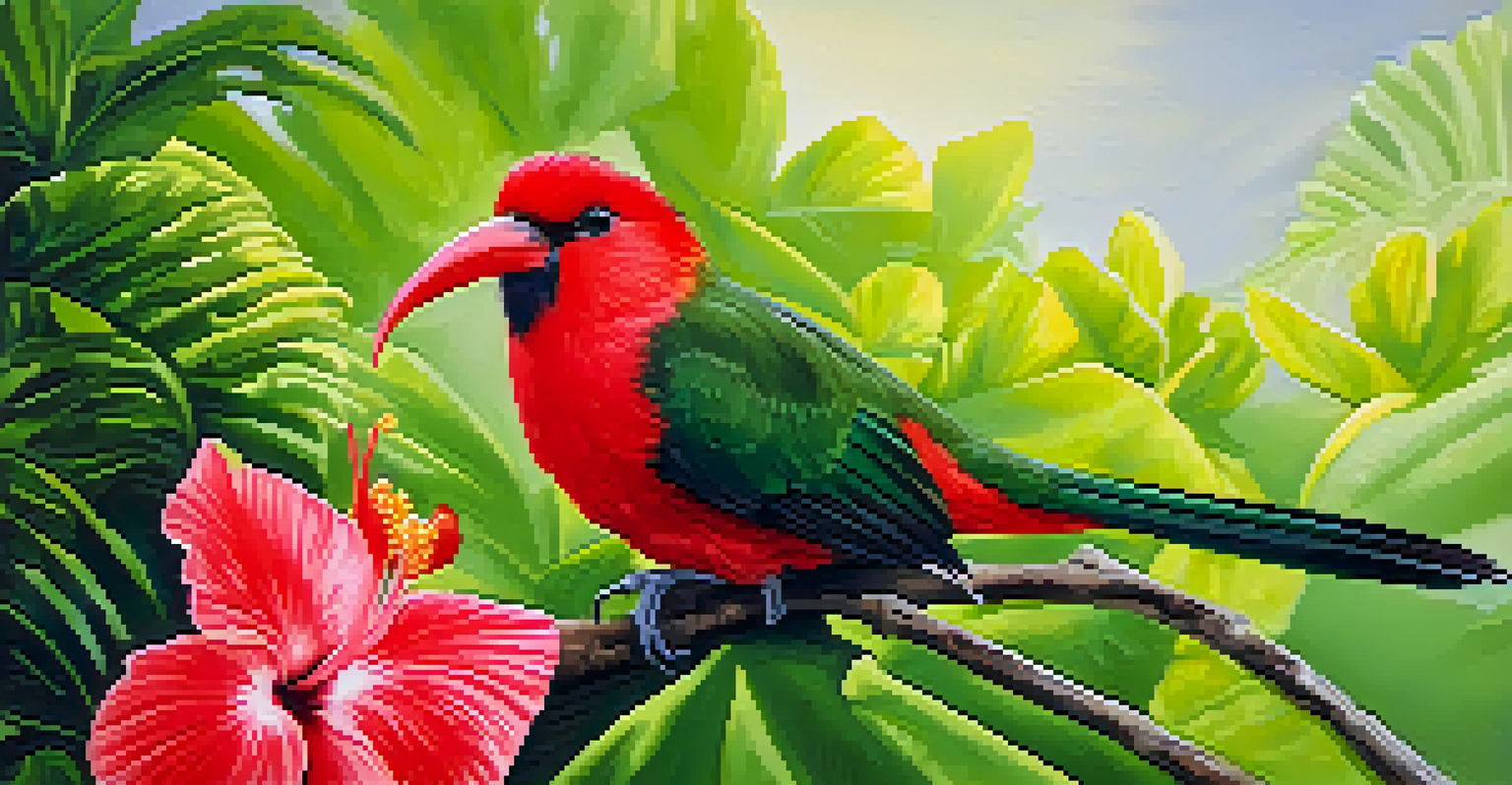 A colorful Hawaiian 'i'iwi bird perched on a branch, sipping nectar from a yellow hibiscus flower.