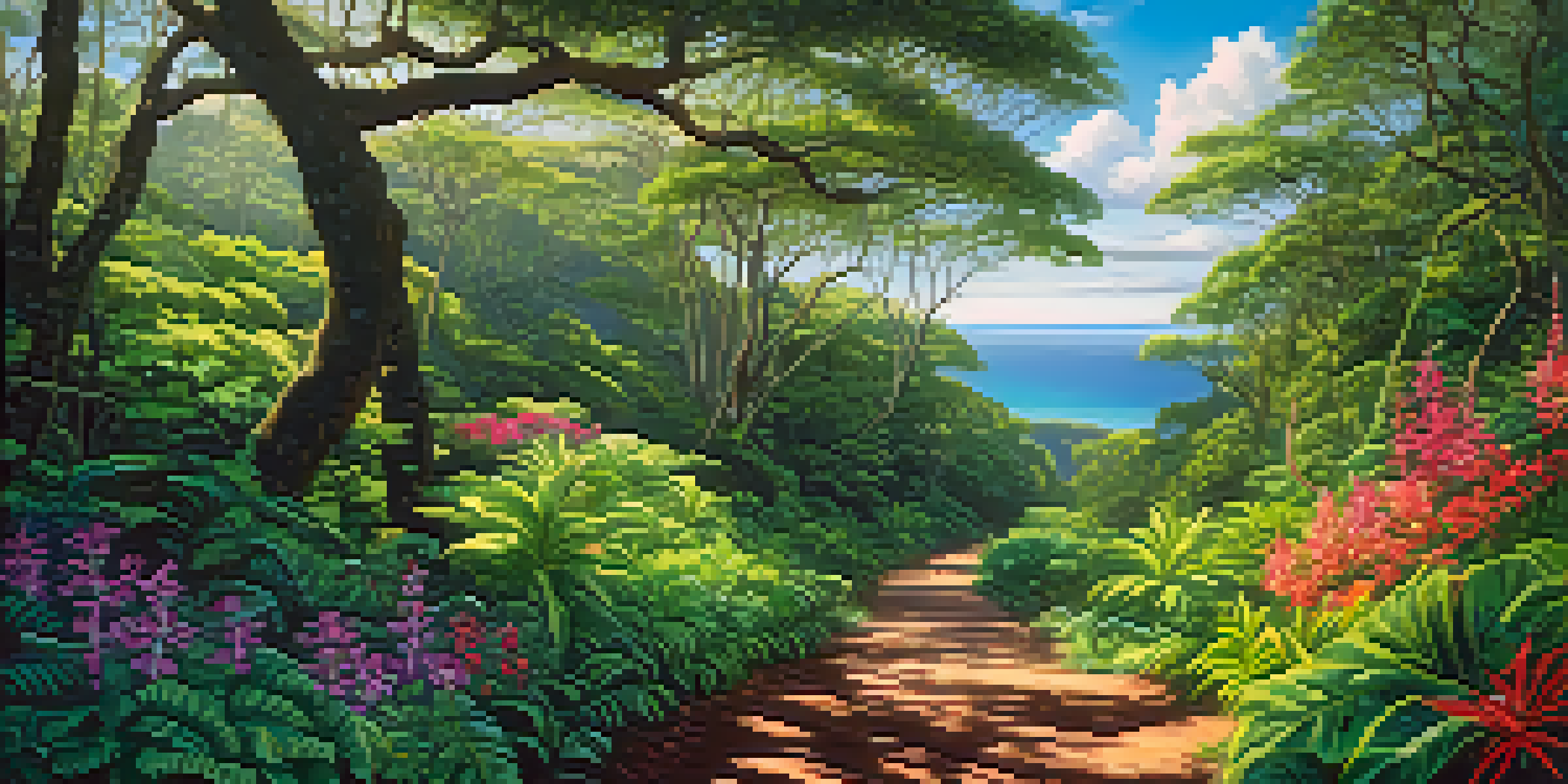 A beautiful view of a green forest in Hawaii with a hiking trail and colorful tropical flowers.