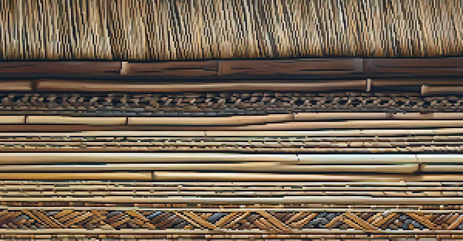 A close-up of traditional Polynesian building materials, featuring woven thatch and wooden beams, illuminated by soft natural light.