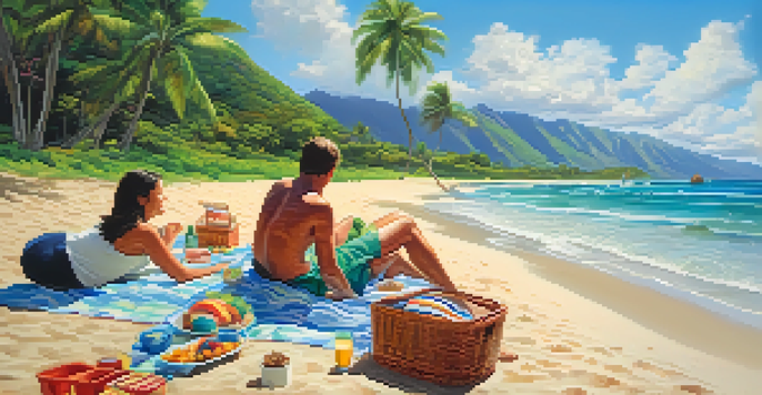 A family having a picnic on a Hawaiian beach with lush green mountains in the background and clear blue skies.