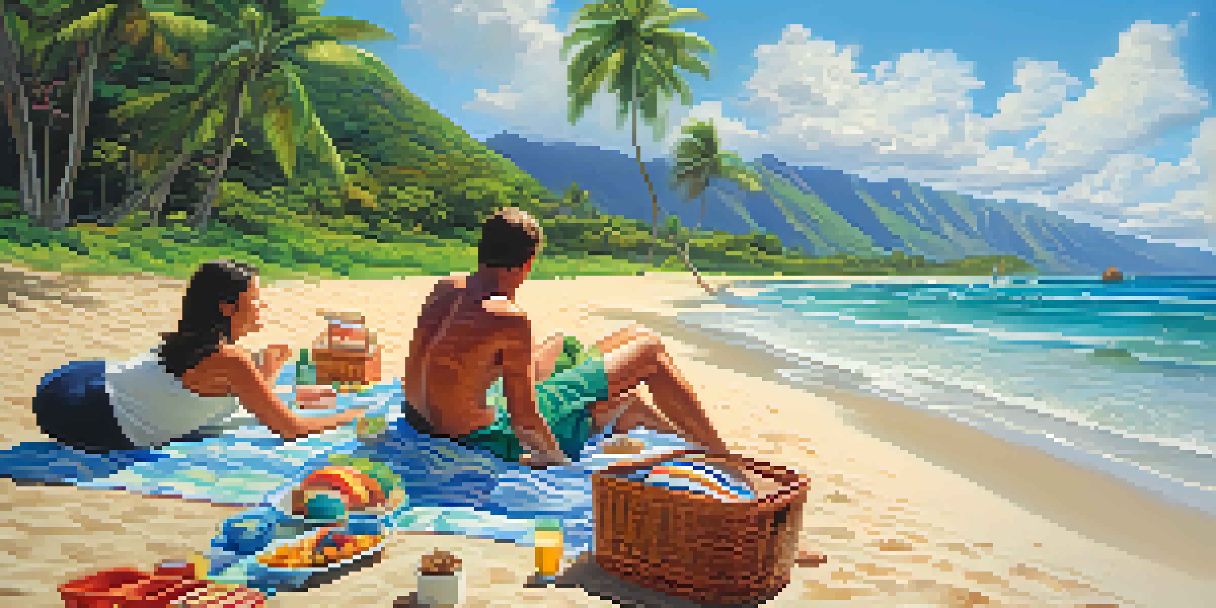A family having a picnic on a Hawaiian beach with lush green mountains in the background and clear blue skies.