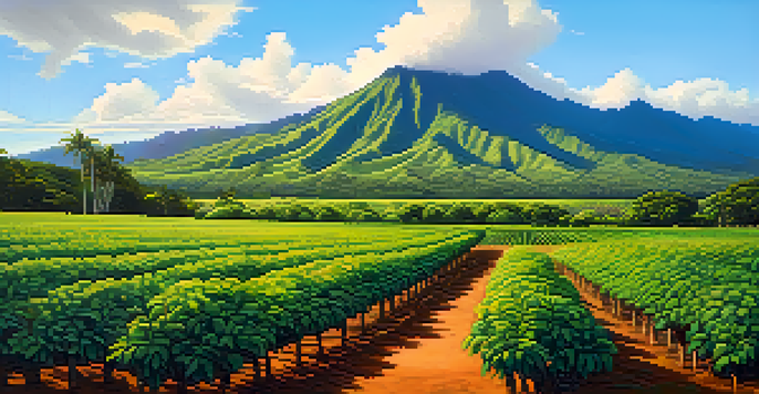 A colorful Hawaiian agroforestry landscape with native trees and crops under a bright sky, showcasing rich greenery and volcanic mountains in the background.
