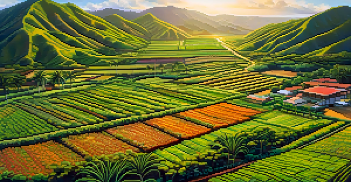 Aerial view of a lush Hawaiian farm with rows of tropical crops and ocean in the background.