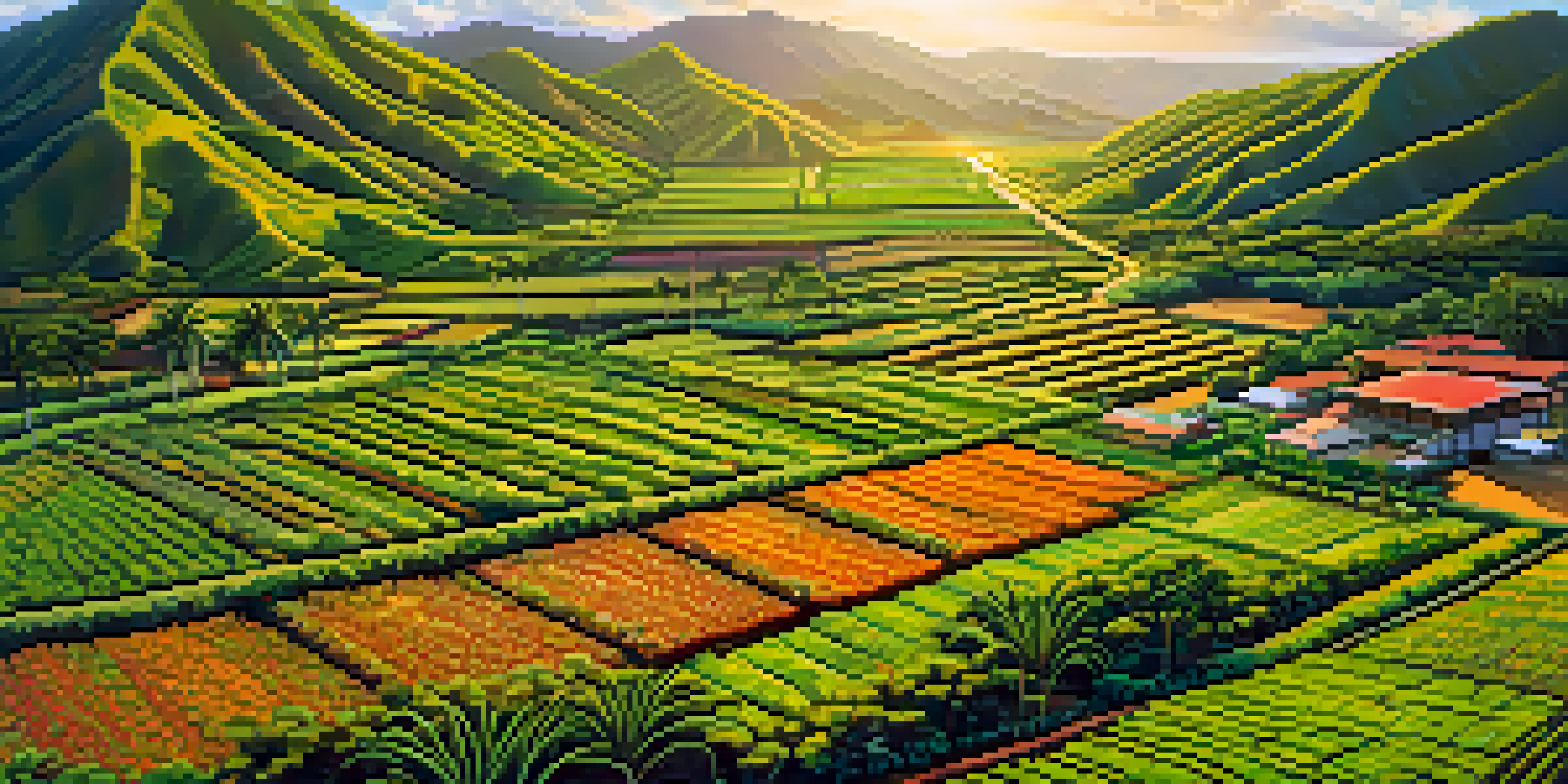 Aerial view of a lush Hawaiian farm with rows of tropical crops and ocean in the background.