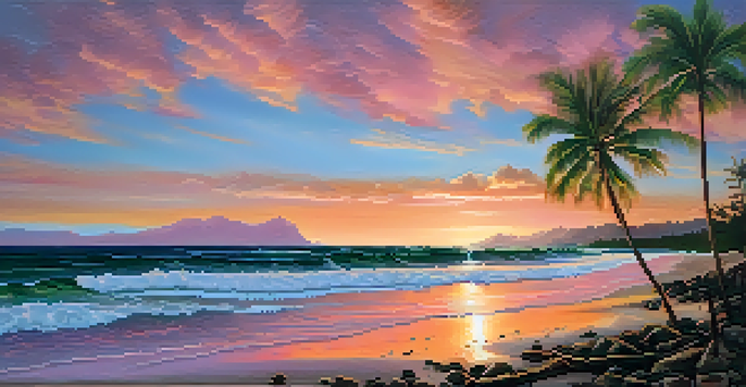 A beautiful Hawaiian coastline at sunset with colorful skies, gentle waves, and silhouettes of palm trees.