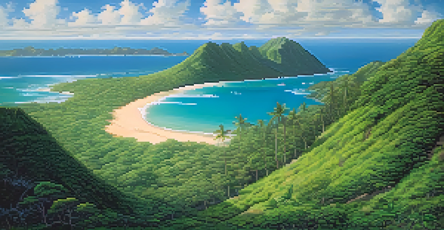 Aerial view of Hawaiian islands showing contrasting lush rainforest and arid landscape due to the rain shadow effect.