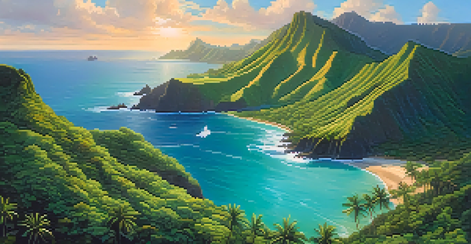 An aerial view of Hawaii featuring lush green landscapes and turquoise waters with coral reefs, during a sunset.