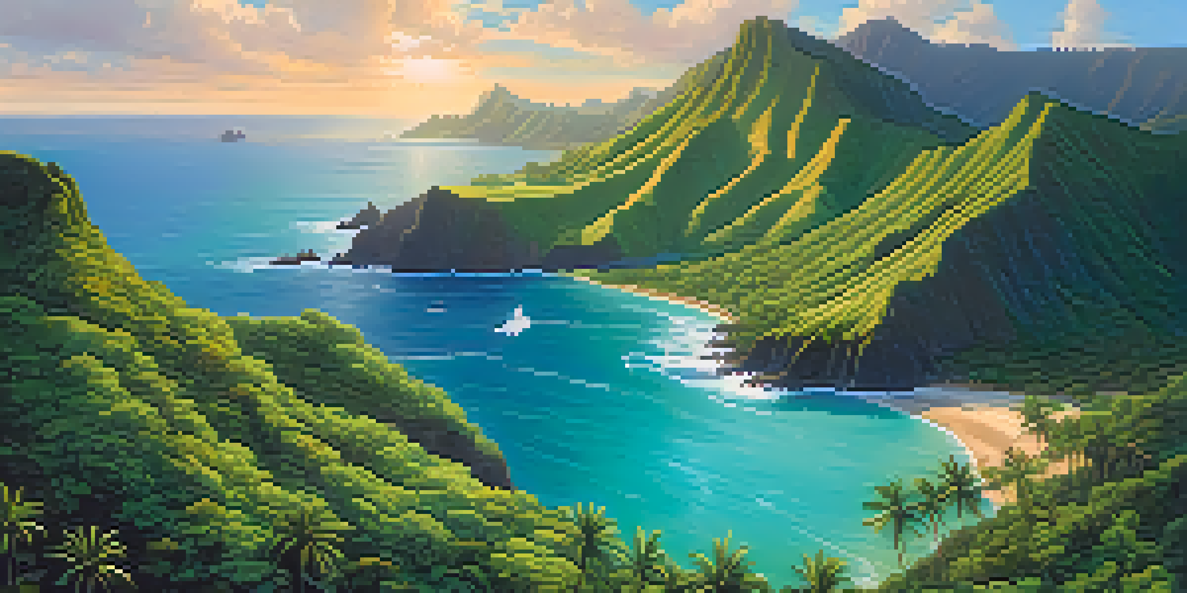 An aerial view of Hawaii featuring lush green landscapes and turquoise waters with coral reefs, during a sunset.