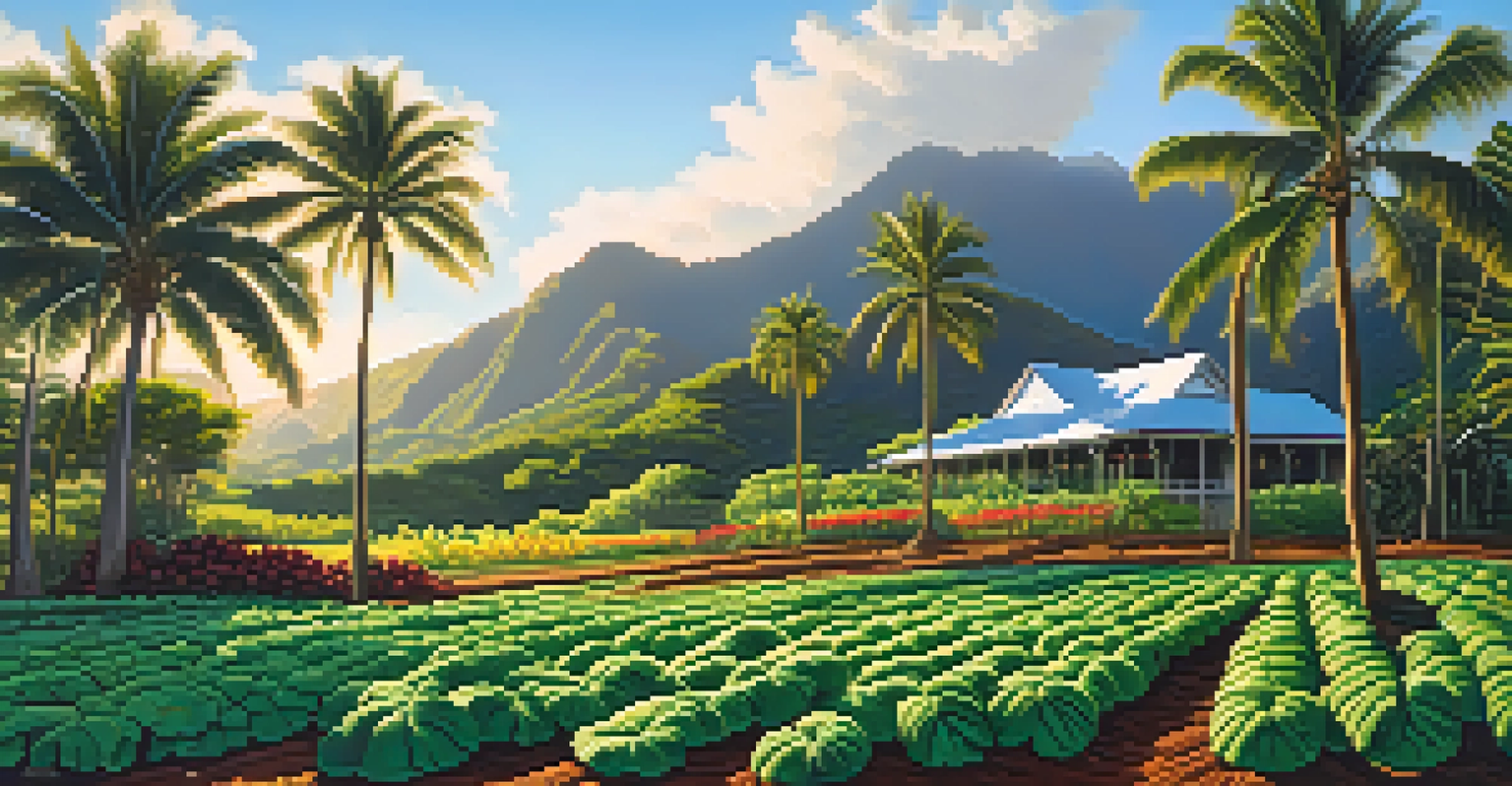 A lush Hawaiian farm with indigenous crops like taro and sweet potatoes, surrounded by palm trees and a blue sky.