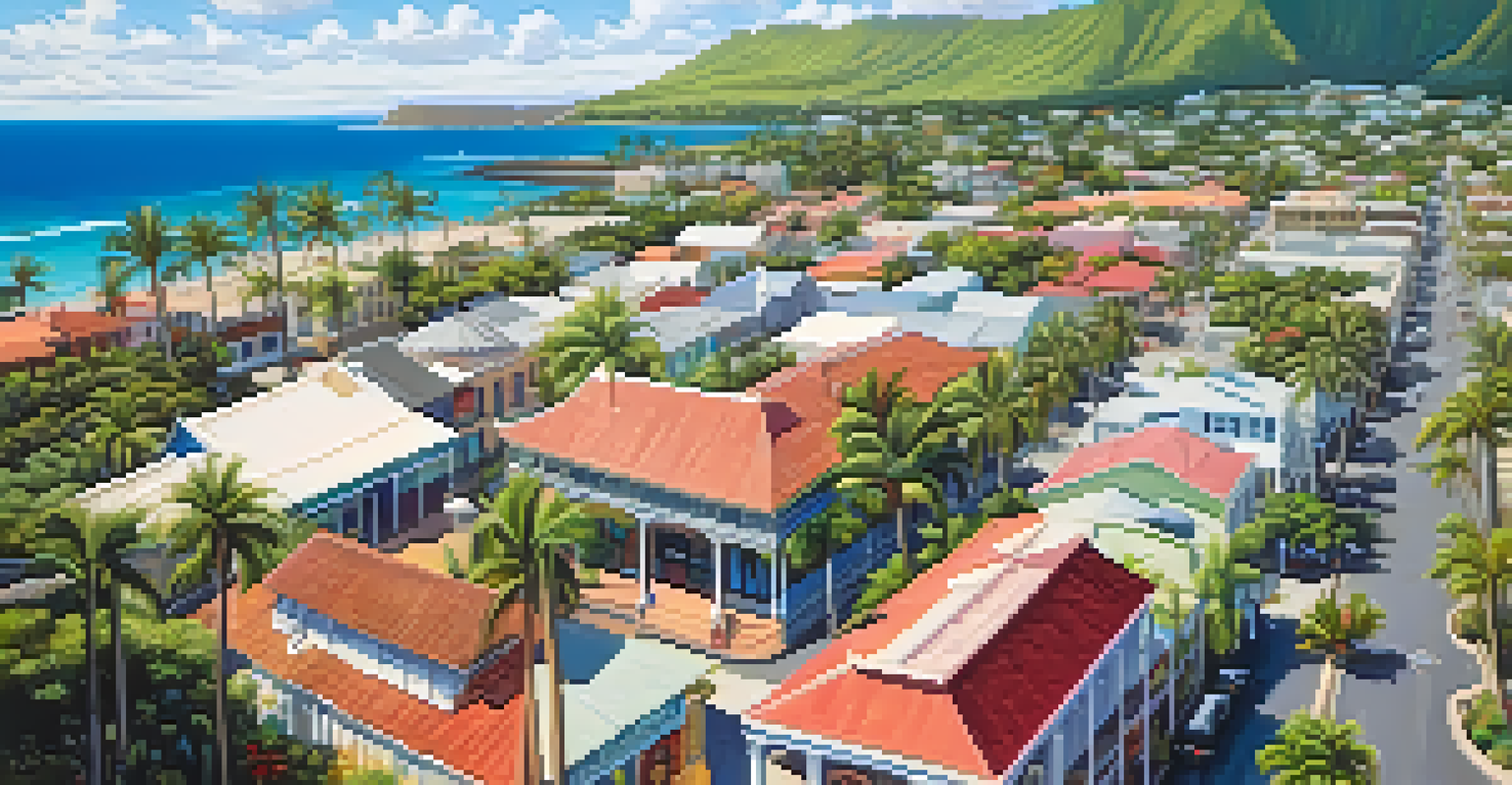 Aerial view of a historic district in Hawaii with colorful colonial buildings and palm trees.