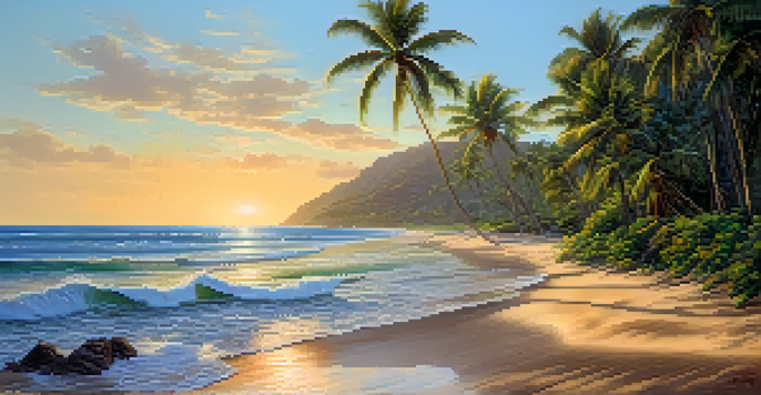 A beautiful Hawaiian beach during sunset, with visitors picking up litter and enjoying the scenery.