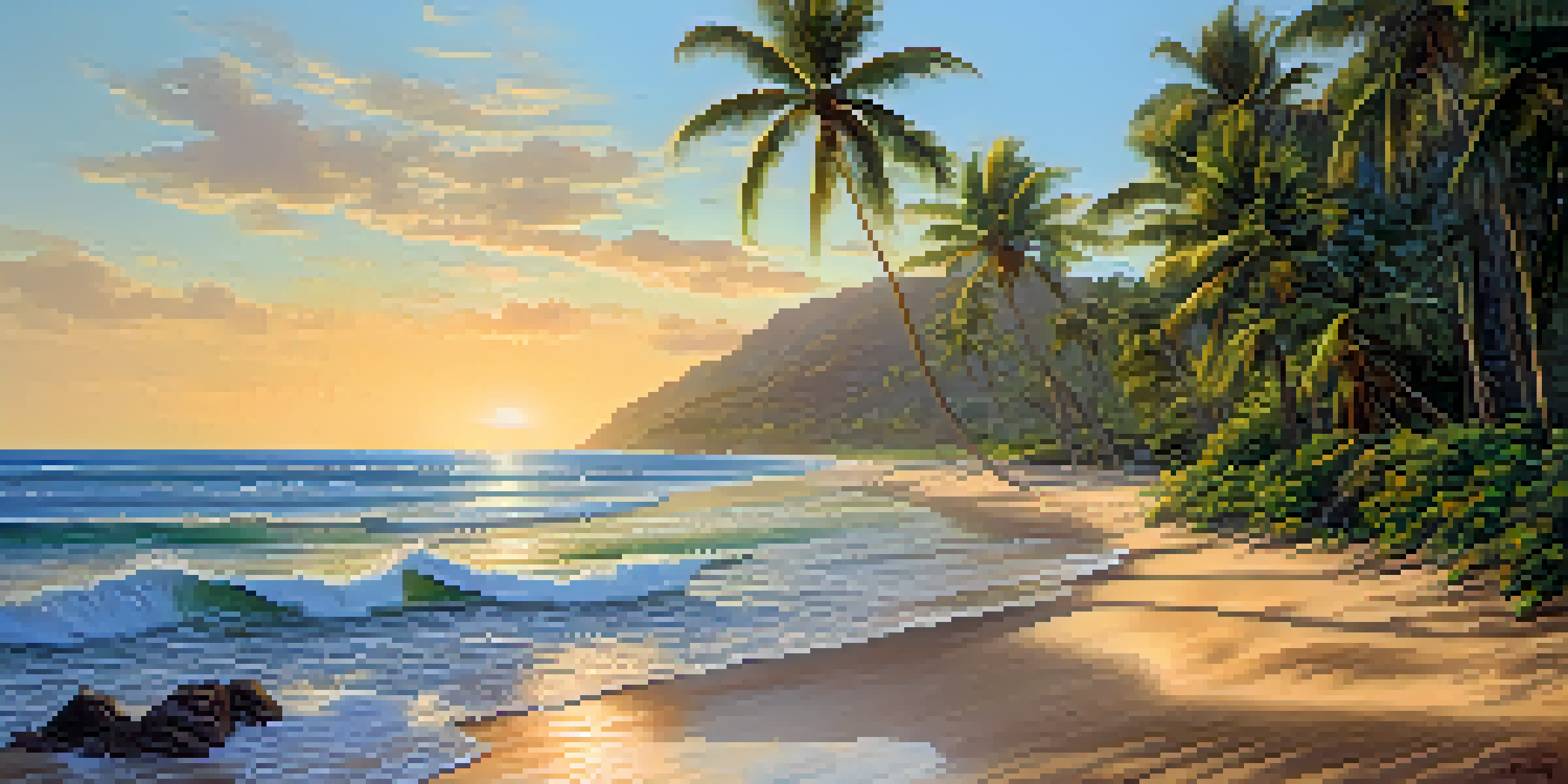 A beautiful Hawaiian beach during sunset, with visitors picking up litter and enjoying the scenery.
