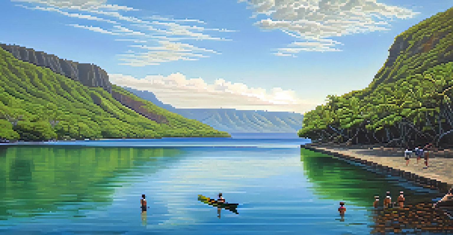 A tranquil view of Kealakekua Bay with snorkelers getting ready to explore the water, framed by lush greenery and historical landmarks.