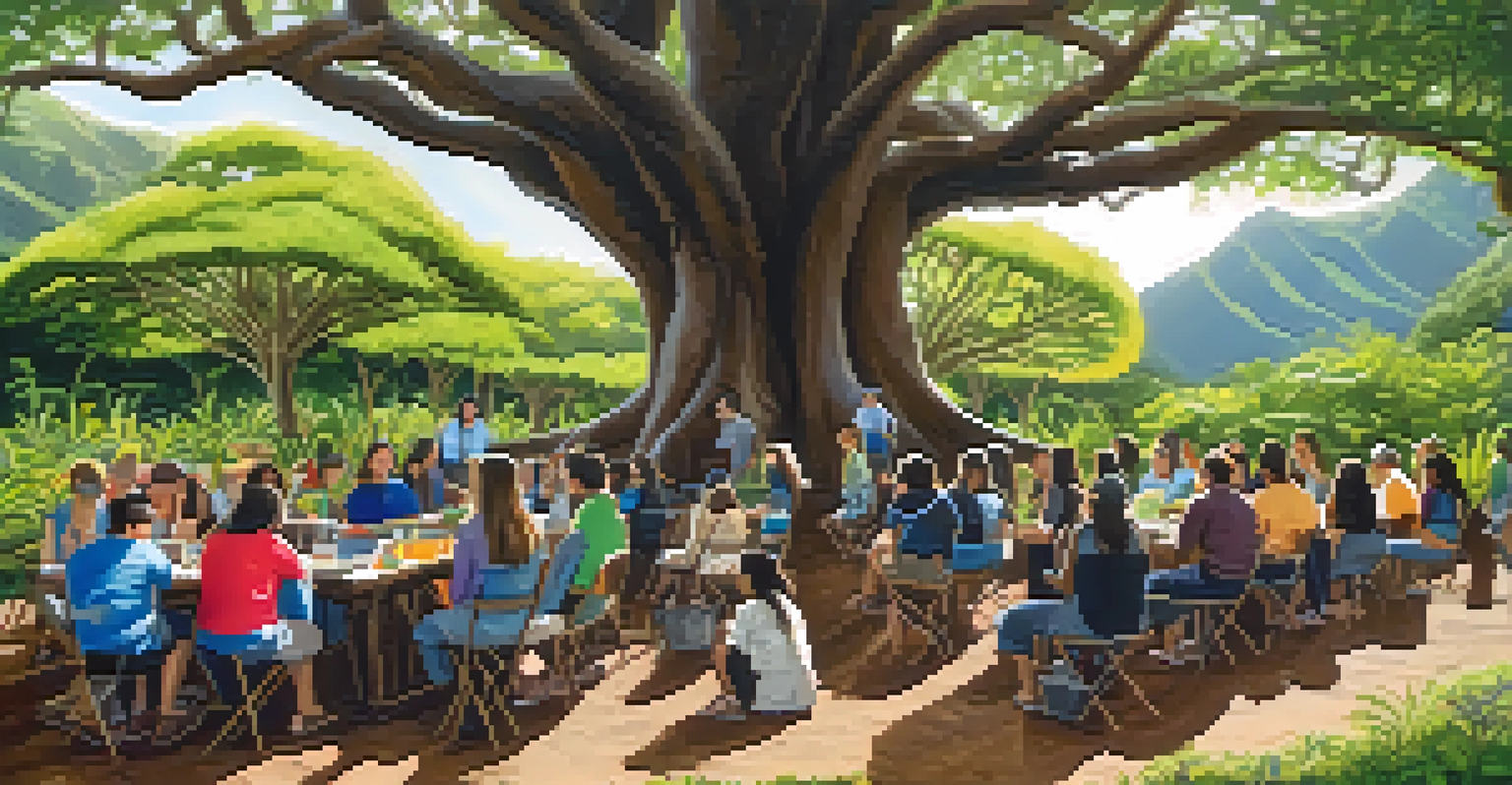 An outdoor workshop on sustainable living in Hawaii, with participants learning about gardening under a banyan tree.