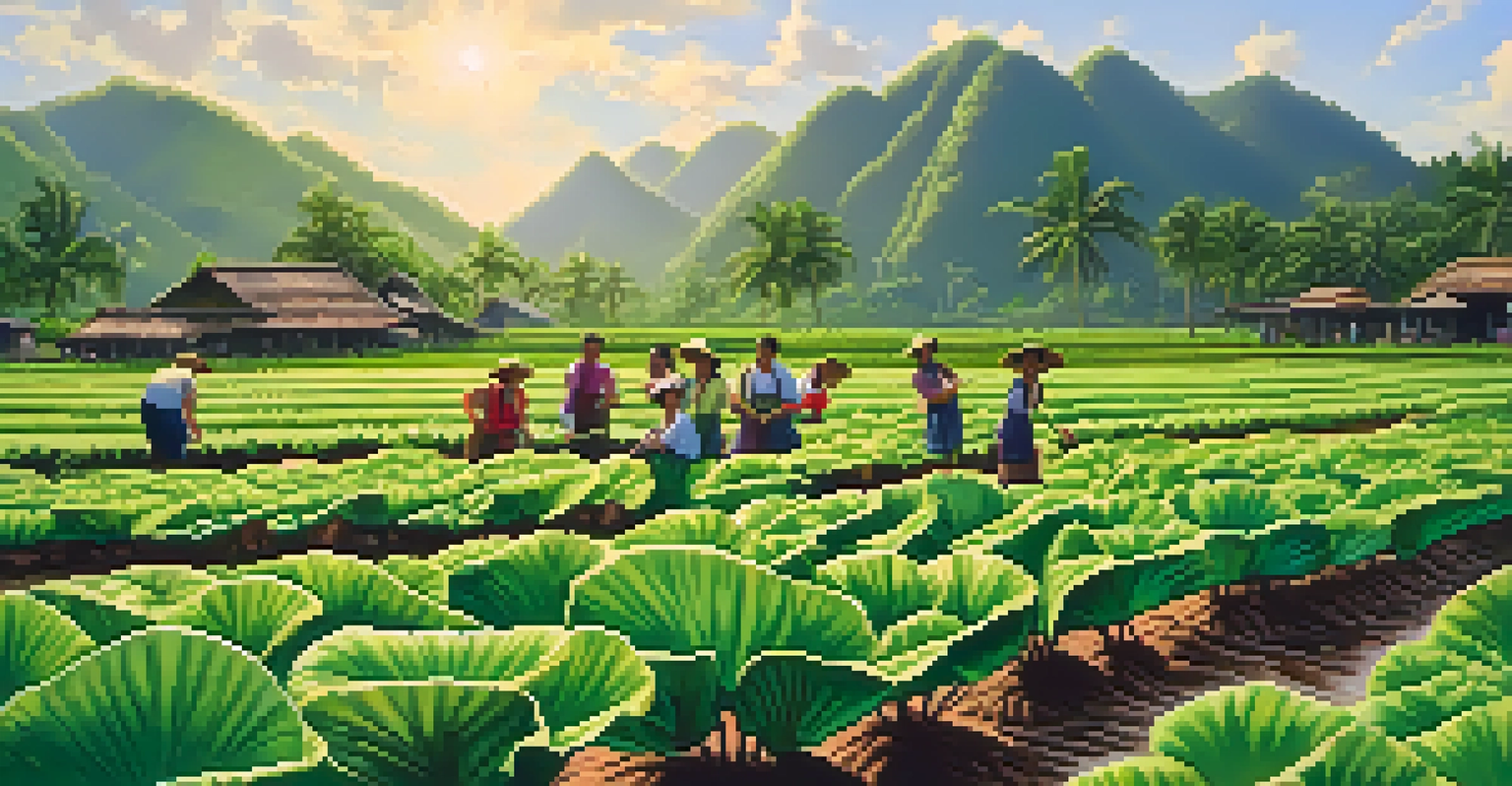 Tourists picking fresh taro in a muddy field surrounded by green taro plants under a clear blue sky.