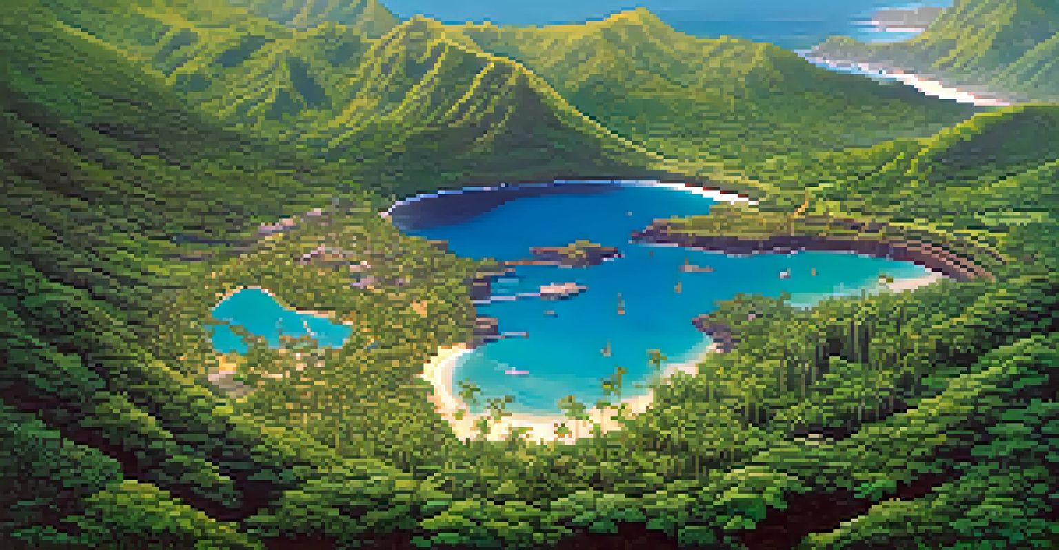 Aerial view of a Hawaiian island with forests and ocean, featuring a recycling facility.