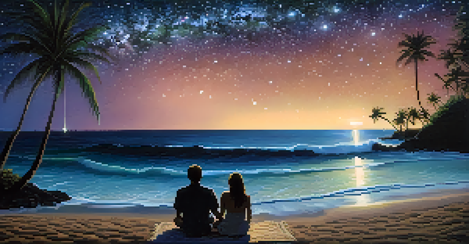 A couple lying on a beach at night, looking up at the Milky Way and stars, with palm trees in the foreground.