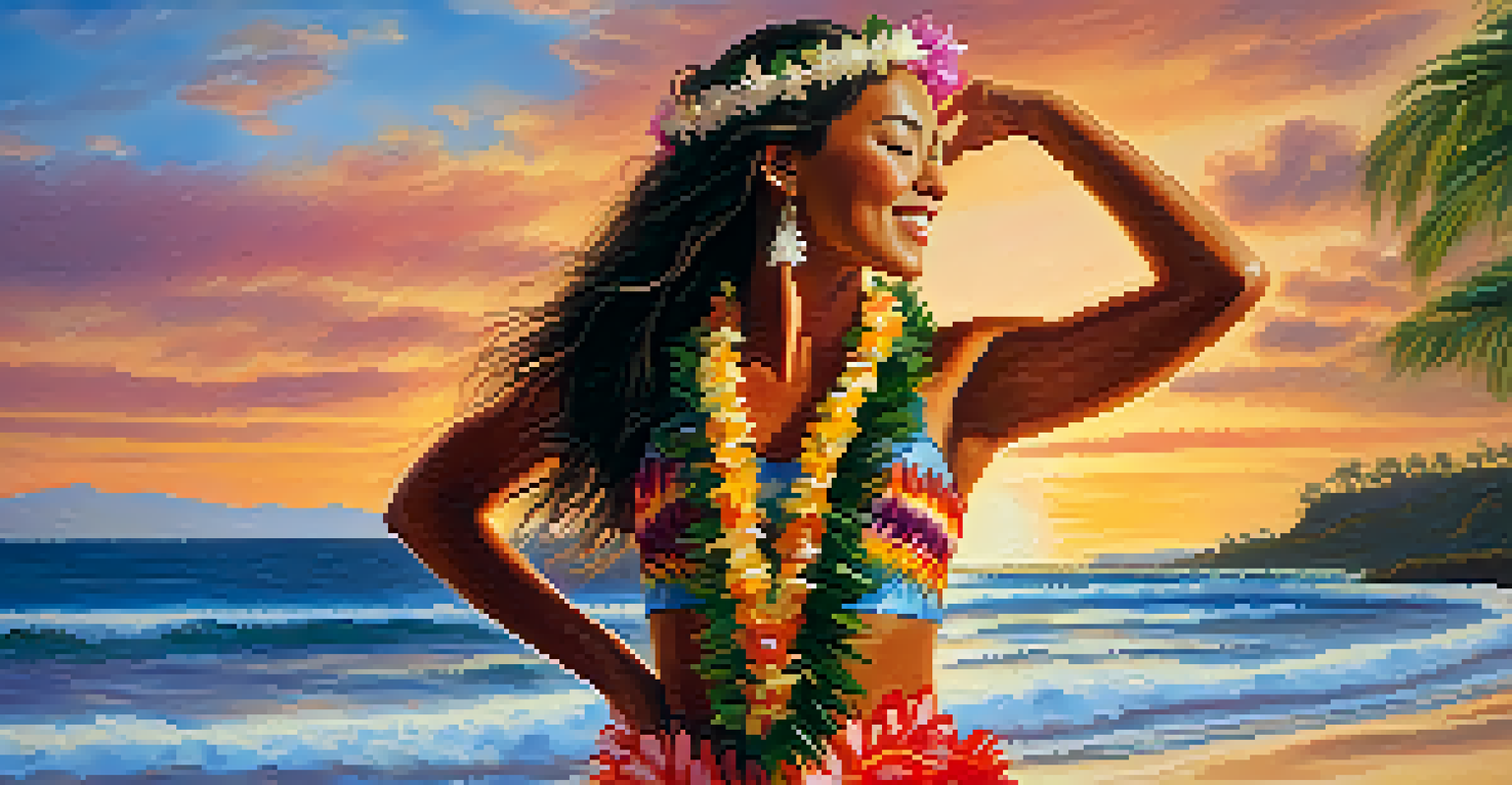 Close-up of a Hawaiian hula dancer in traditional attire performing on the beach at sunset.