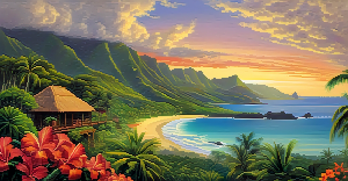 A picturesque view of a Hawaiian landscape with mountains, flowers, and a traditional village at sunset.