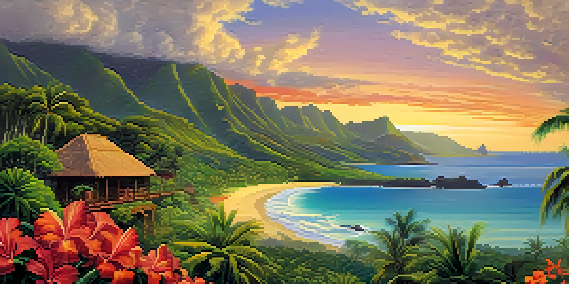 A picturesque view of a Hawaiian landscape with mountains, flowers, and a traditional village at sunset.