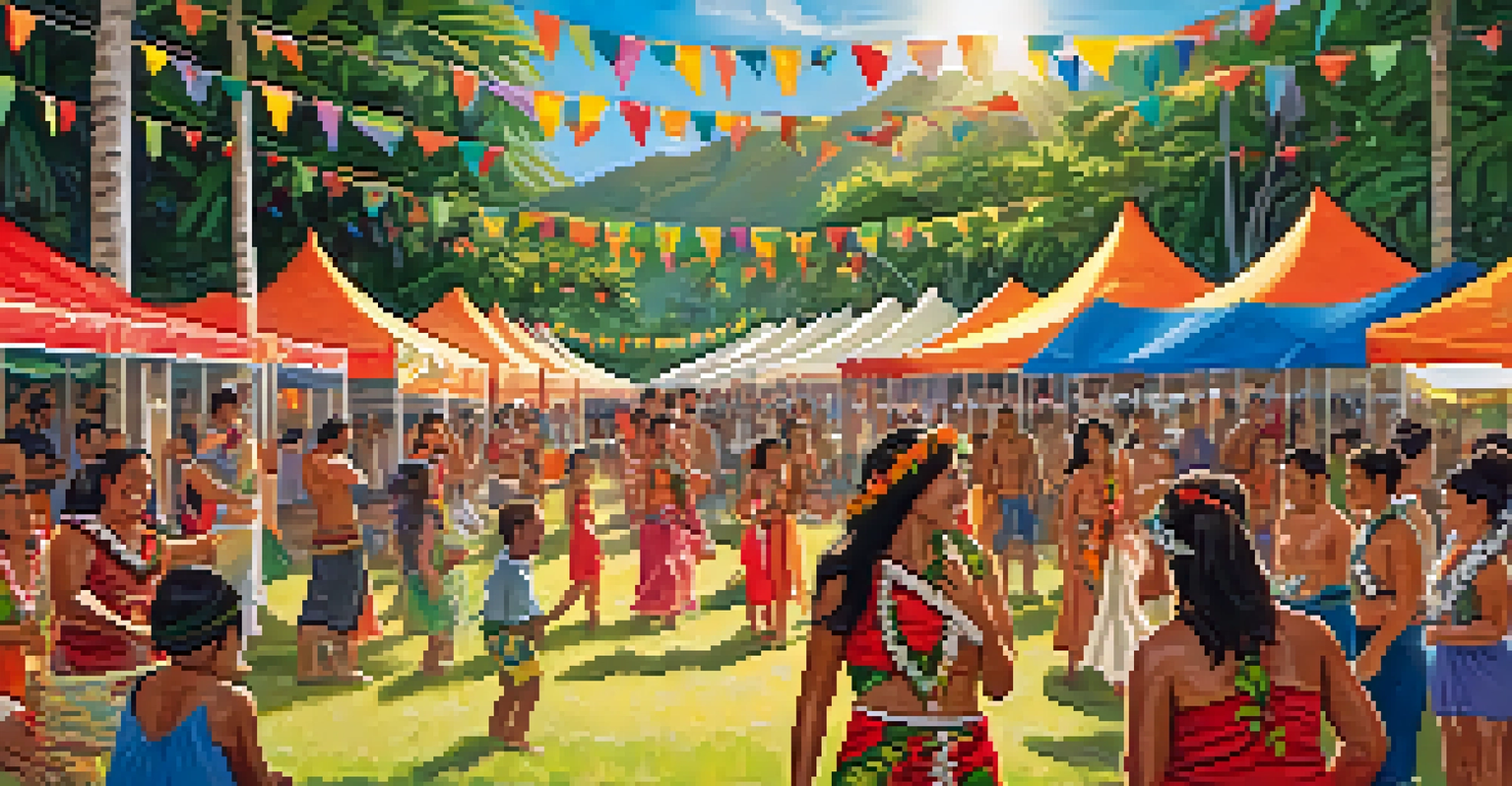 A lively Hawaiian language festival with people dancing, storytelling, and crafting, surrounded by colorful decorations and bright sunlight.