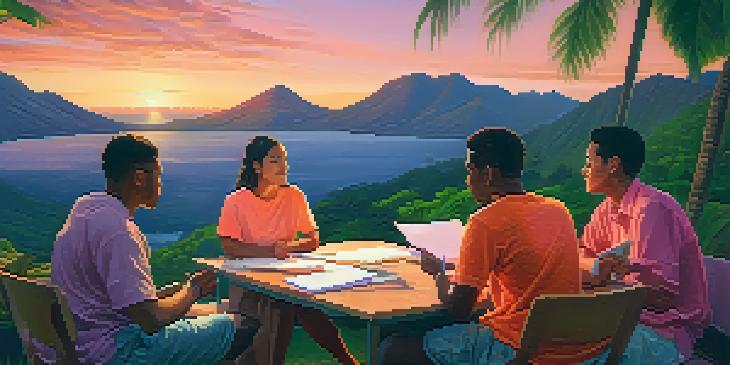 A group of diverse young leaders discussing in a beautiful Hawaiian landscape at sunset, surrounded by mountains and colorful sky.