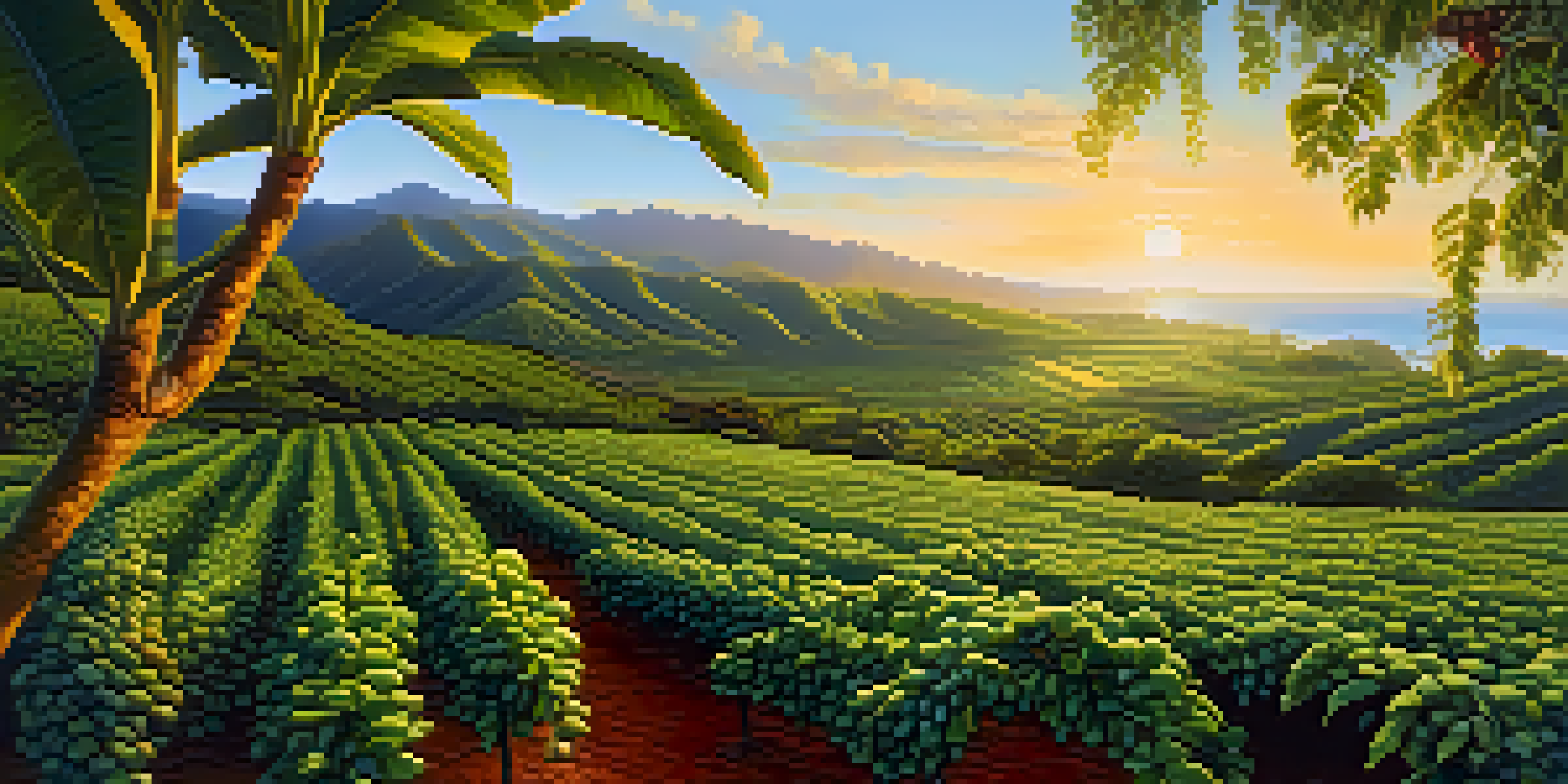 A beautiful Hawaiian coffee plantation with green coffee plants and ripe cherries, illuminated by the sunrise over the ocean.