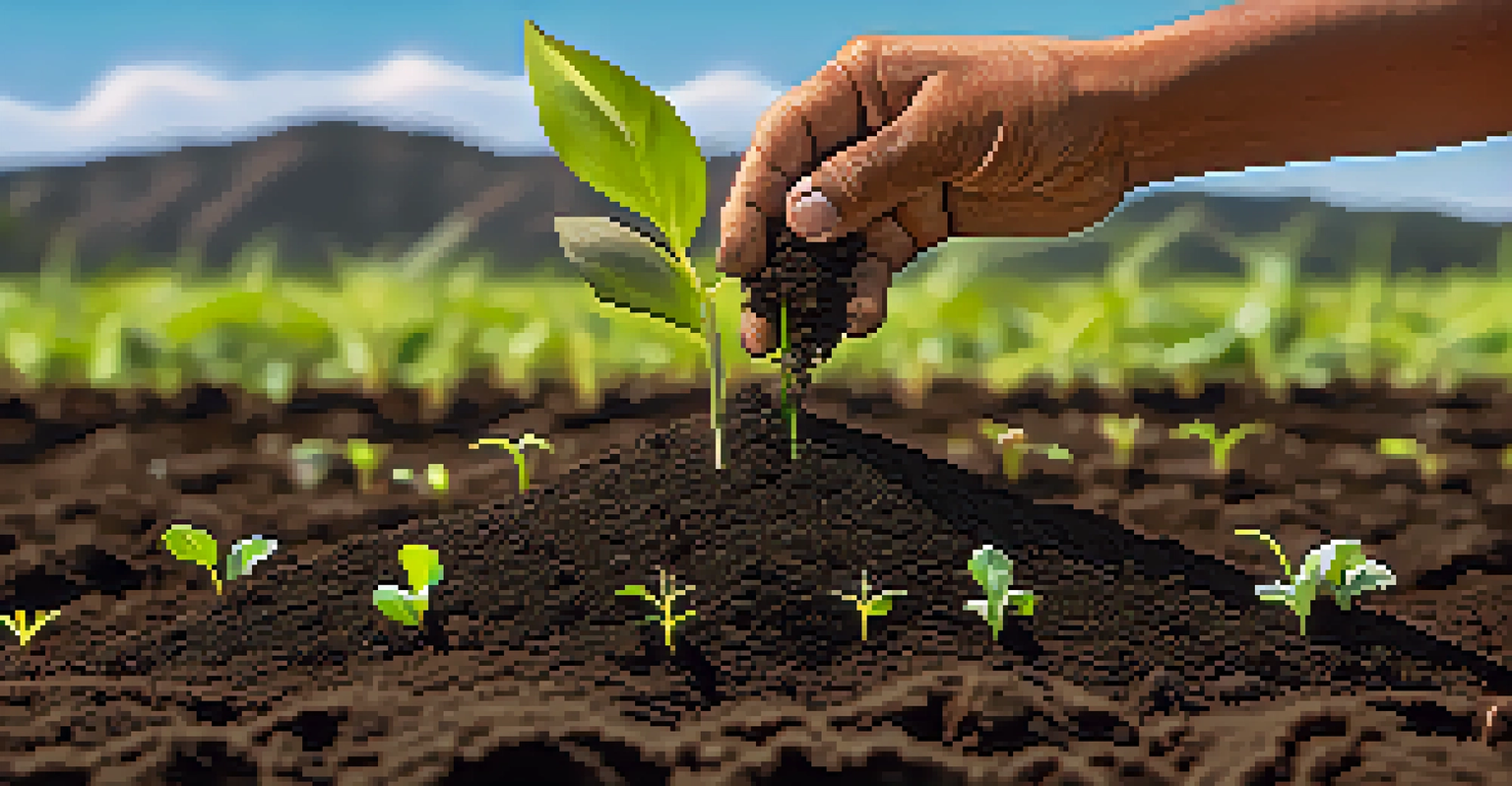 Close-up of a farmer's hands holding rich soil with seedlings, set against a tropical backdrop.
